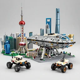 wide shot lens photo of a very intricately detailed lego shanghai designed by a master builder, with an epically shaped alien lego mothership ufo, lego rover, a moon buggy