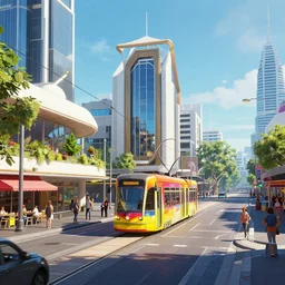 cyberpunk fantasy art of christchurch new zealand streets shows cashel mall, tram, te pae, riverside market and turanga library. high quality 8 k art beautiful stunning. intricate. ornate. wonderful. utopian. uplifting. happy. ecstatic.