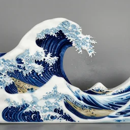 A white and blue marble sculpture of The Great Wave off Kanagawa in the middle of an Italian piazza without people, midday, 4k photograph, sunny day, long shot, overhead view, far away