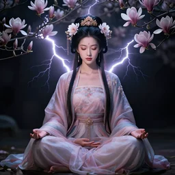 a goddess of magnolia a queen of the garden, meditating! with a beautiful symmetrical face!!! cinematic lightning, isolated, studio lighting by tom bagshaw