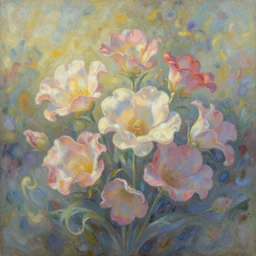 This drawing is a large canvas, covered in a wash of color. In the center is a cluster of flowers, their petals curling and twisting in on themselves. The effect is ethereal and dreamlike, and the overall effect is one of serenity and peace. Facebook by Don Bluth rigorous, churning