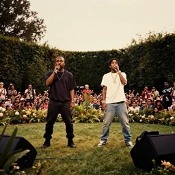 a photo of kanye west and kid cudi performing in the middle of a garden, dramatic, ektachrome, vintage, wide angle, warm color palette, light mode, 2. 5 - dimensional, 1 6 k, ultra - hd, megapixel, cga, rays of shimmering light, mist, screen space reflections