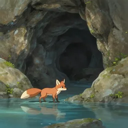 a tiny brown fox exploring a large cave, water, by Aaron Miller, Greg Rutkowski, Makoto Shinkai, James Paick