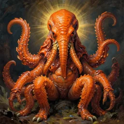 centered zoological portrait of orange cthulhu by gregory manchess and egon sciele