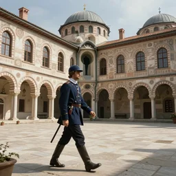an biomechanical palace guard walking through the byzantine courtyard by anders zorn, wonderful, mandelbulb 3 d buildings, fractal designs, dynamic, masterpiece by greg rutkowski, hyperrealism, beautiful cinematic light, by greg manchess, jessica rossier