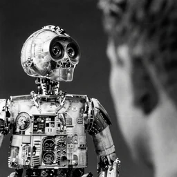 a cinematic black and white image of c 3 p 0 looking a human ear, a film by david lynch