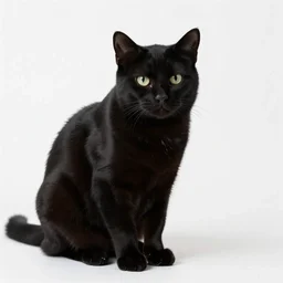 studio photograph of a black cat sitting in a white room