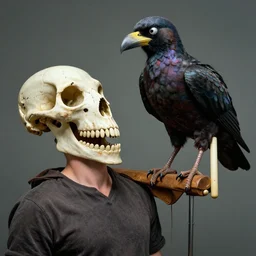 robust spongebob squarepants by wayne barlowe. a installation art of a man, with an animal skull for a head, & a large bird perched on his shoulder. the man is looking up at the bird with a fierce expression, & the bird is looking back at him with an equally intense gaze.