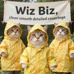 cat wizards dressed in yellow raincoats. A banner that reads 'Wiz Biz only, Fools' adorns the back wall. Hypermaximalistic, hyper detailed 4k resolution photo realistic