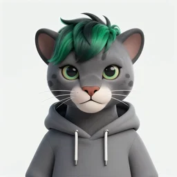 a cute portarit drawing of a grey anthropomorph panther wearing a hoodie, green and black hair, artstation, hyperrealistic
