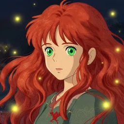 digital illustration of a red haired girl with green eyes, wonderful dreamy scene with fireflies, intricate, hyper fine details, deviantart, artstation, studio ghibli