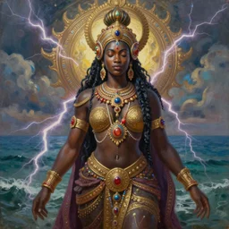a beautiful oil on canvas of a beautiful orisha god majestic, lightning, ornate, detailed, intricate, beautiful sea in the background, epic sky, vray render, artstation, deviantart, pinterest, sci - fi, afrofuturism, 5 0 0 px models