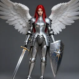 Female Knight, DND, D&D, skintight Silver armor, shining, bright red hair, straight hair, sword and shield, ornamental, symmetry, angel-themed, tall, full body picture, extremely detailed, detailed face, golden eyes, epic, high fantasy, matte painting, trending on artstation, artstationHD, artstationHQ, cgsociety, octane, HD 16K