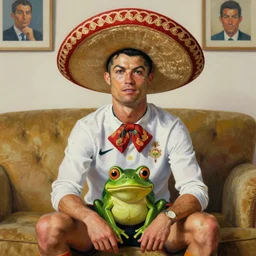 portrait of cristiano ronaldo wearing a sombrero on his head, sitted on the couch with a frog, painted by greg rutkowski and noriyoshi ohrai and michael kaluta, 8 k, high quality