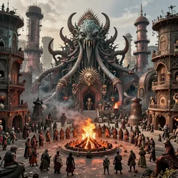 detailed ultrarealistic photography of industrial postapocalyptic organic rustic robust tribal arkham city, cthulhu ritual festival, bonfires, wickerman, hordes of cultists, craig mullins, vallejo, moebius, ian miller, wayne barlowe, greg rutkowski, mucha, brian froud, cinematic, full shot, symmetric