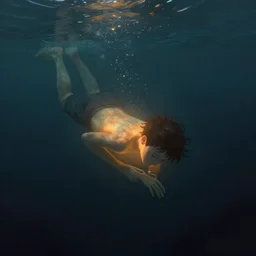 digital art - a lost boy drowning underwater with warm light inside it dark cold sad and atmoshperic by darek zabrocki greg ruthkowski and craig mullins, trending on artstation