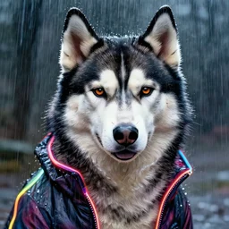 aesthetic portrait commission of a furry anthro husky with epic neon rimmed outfit, short depth of field close up shot hyper-detailed, cinematic intense Atmosphere with heavy rain drenching husky. Character design by charlie bowater, ross tran, artgerm, and makoto shinkai, detailed, inked, western comic book art, 2021 award winning painting