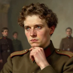 portrait of young and stoic bolshevik leader nadezhda konstantinovna krupskaya pondering something, colourised, fantasy, face portrait, epic, optimistic, military art, fantasy, hd shot, digital portrait, beautiful, artstation, comic style, by artgerm, guy denning, jakub rozalski, magali villeneuve and charlie bowater