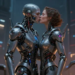 ultra realistic medium shot of a couple of cyborgs kissing, epic, lovers, cyberpunk, sci - fi, fantasy, kodak, photorealistic illustration, colour led, soft light, volumetric lighting, night, intricate, highly detailed, digital painting, concept art, smooth, sharp focus, illustration, art by artgerm and greg rutkowski and alphonse mucha