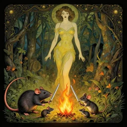 rats and mice fight with toothpicks like swords, on fire, rebirth of nature concept art by artgerm, tooth wu, dan mumford, beeple, rossdraws, james jean, marc simonetti and alphonse mucha. just one lonely black tape project attctive showgirl!! full body!! contour light effect!! hd, 4 k, stage light. octane render, sharp edge, ultra clear detailed
