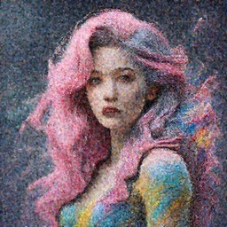 A portrait of a very beautiful goddess with pink and grey hair radiating an artwork made of multicolored swirling paint by James Jean and Ross Tran and WLOP , volumetric displacement by Lee Griggs, hyperrealism, subsurface scattering, octane render, bokeh, 8k,  xparticles