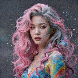 A portrait of a very beautiful goddess with pink and grey hair radiating an artwork made of multicolored swirling paint by James Jean and Ross Tran and WLOP , volumetric displacement by Lee Griggs, hyperrealism, subsurface scattering, octane render, bokeh, 8k,  xparticles