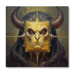 grim oil painting of good and friendly sentient ai machine core, symmetrical, golden ration, evil color scheme, realistic shaded lighting, octaine rendering, wallpapper, magali villeneuve, trending on artstation