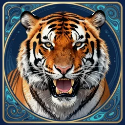 close up portrait of anthropomorphized tiger, growling, strong and ferocious by artgerm, cushart krenz, greg rutkowski, mucha. art nouveau. gloomhaven, swirly liquid ripples, blue tones, vibrant colors, sharp edges. ultra clear detailed. 8 k. elegant, intricate, octane render