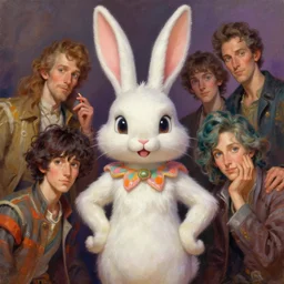 a radical psychedelic bunny mascot character posing for a picture, digital painting, masterpiece by rembrandt and thomas kinkade and frank frazetta and kentaro miura, by reiq and tite kubo, stylized yet realistic faces and anatomy, advanced lighting technology, beautiful, gorgeous brush strokes