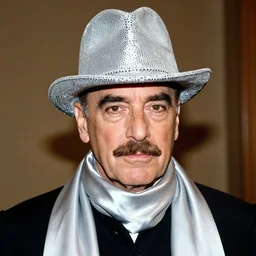 color photo of vincent price with a pencil style mustache, wearing silver shriner like velvet sequin hat, wrapped in a silver silk scarf, nehru wizard jacket