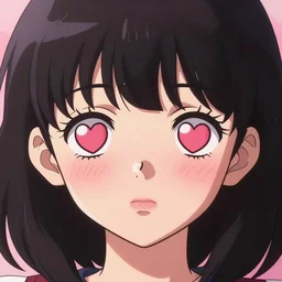 anime girl with hearts in her eyes blushing , close up portrait.