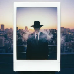 mysterious man in suit and hat covered in smoke, standing in the middle of a big metropolis, sunset, polaroid photo