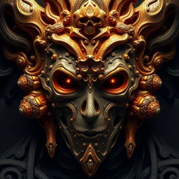 godness portrait, face, wearing a carved mask with tiny mineral incrustations, godness, ethereal, mech, evil, elements, baroque, rococo, ink, tarot card enviromet, by marc simonetti & peter mohrbacher, cinematics lights, detailed, intricate illustration, octane render, fractal, fine art, golden