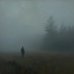 jon hale painting of twin peaks, ominous, foggy, lone figure of dale cooper in distance, lonely, visible brush strokes, blurry, hd image