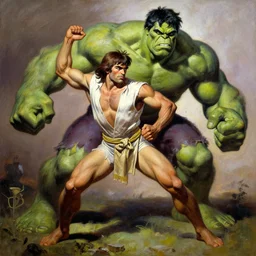 an oil painting of tarzan fighting with a hulk, by frank frazetta