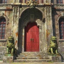 establishing shot, three point perspective, animation key shot of the great wing temple, ultra wide, red door, stone steps, symmetrical brass lion statues, sunlight, ornate, rust, art deco, european, versailles, metal rivets, by ghibli, shinji kimura, fantastic architecture, cinematic lighting