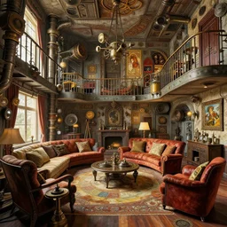 a photo of a concept architecture art house steampunk living room, style brutalism, extremely detailed, sharp focus, wide view, smooth, digital illustration, colorfull, by william turner, by alphonse mucha