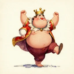 fat king dancing like a fool, book illustration watercolor granular splatter dripping paper texture character concept art pixar rackham mucha