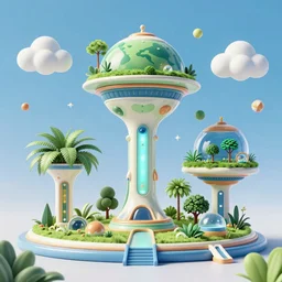 3 d render image of a retro futurism, solarpunk, naturecore, by roger dean, by dean ellis, unreal engine