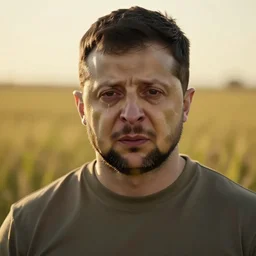 a highly detailed cinematic headshot portrait photograph of a sad and crying big yellow blue tears president zelensky stood in a field, golden hour, ultra realistic, depth, beautiful lighting, by annie leibovitz, hasselblad, 1 0 0 mm, bokeh, photorealistic, hyperrealistic, octane, masterpiece