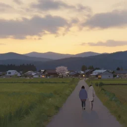rural walk from sunset to night in hidaka town of saitama prefecture. volumetric lighting, spring evening, golden hour, overcast weather, realistic illustration, perfectly shaded, soft painting, art by krenz cushart and wenjun lin