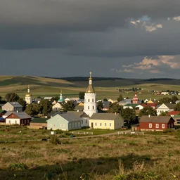 a matte painting of Russian small town in steppes by wes Anderson
