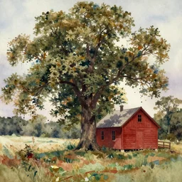 watercolor splash, paint drops, drips, aquarelle painting of oak tree and red wooden cabin, very very very beautiful, art by anders zorn, wonderful masterpiece by greg rutkowski, cinematic light, american romanticism by greg manchess, creation by tyler edlin