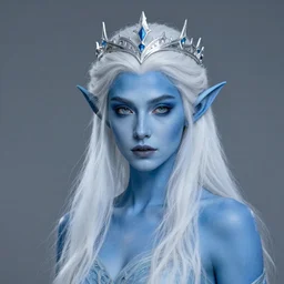 the frightening archfey called'the prince of frost ', full - body portrait, fantasy, white hair, blue skin, wild eyebrows, young adult, elf, crown, hard edges, soft lighting, professional lighting, trending on artstation