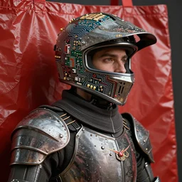 portrait of a knight in a ornate motorcycle dirt helmet circuitboard, background red plastic bag, rich deep colors, rendered in blender, smooth shadows, ultra detail, high resolution, unreal 6, 8 k, by francis bacon, james ginn, petra courtright, jenny saville, gerhard richter, zdzisaw beksinsk, takato yamamoto. masterpiece, i elegant fashion