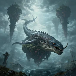 highly detailed elden ring portrait photo of a huge floating wailord squid kraken in a scenic dystopian hellish environment. a fleet of even bigger massive squids floating up from the water surface in the background, hyperrealistic illustration by william didier - pouget