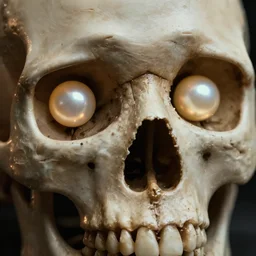 very detailed close up shot + skull with bones texture + pearl glowing eyes + 4 k hyper details render + dramatic lighting + cinematography photography