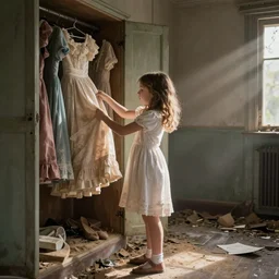 a photo of a young girl picking dresses from a wardrobe full of dust and debris in an abandoned room