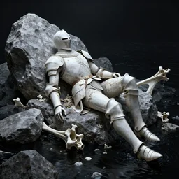 octane render uhd, 8 k art photography, filmic lighting, cinematic art shot, hyperrealistic, hyperdetailed, super detailed, 8 k, high resolution, fallen knight, white rocks made of bone, 8 k uhd matte painting by ross tran and ivan aivazovsky, black water, midnight