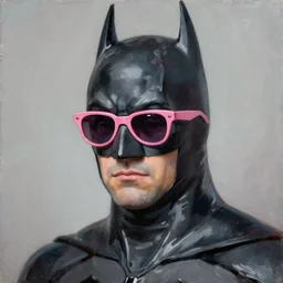 Batman wearing pink sunglasses oil painting of Sebastian Murphy
